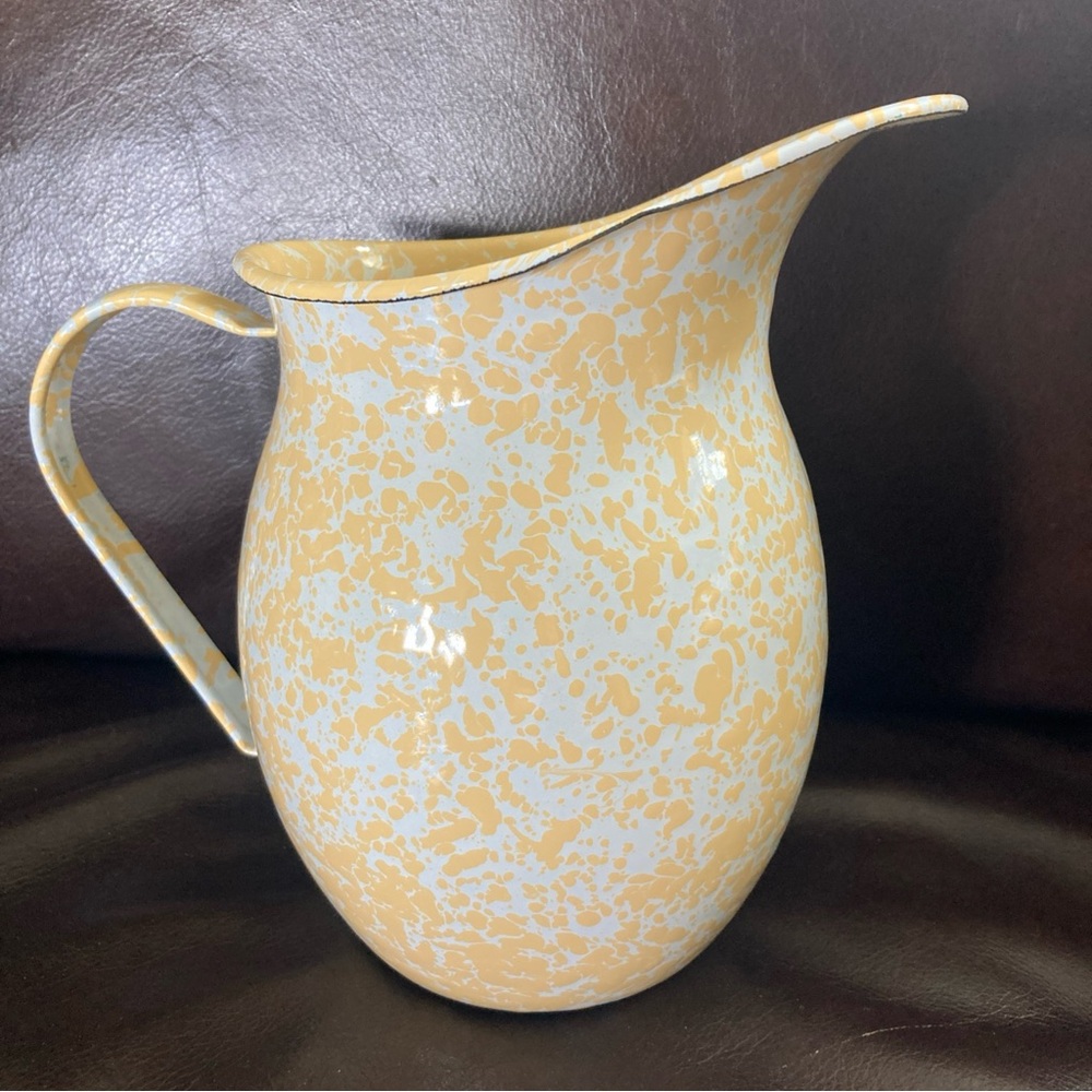 CGS International Yellow & White Spatter Enamelware Pitcher 7.5" Tall RARE CLEAN
